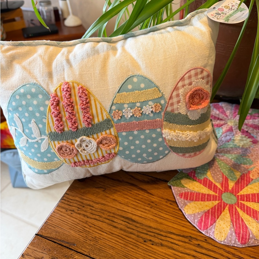 Easter Egg Applique Accent Pillow in Light Blue and Cream